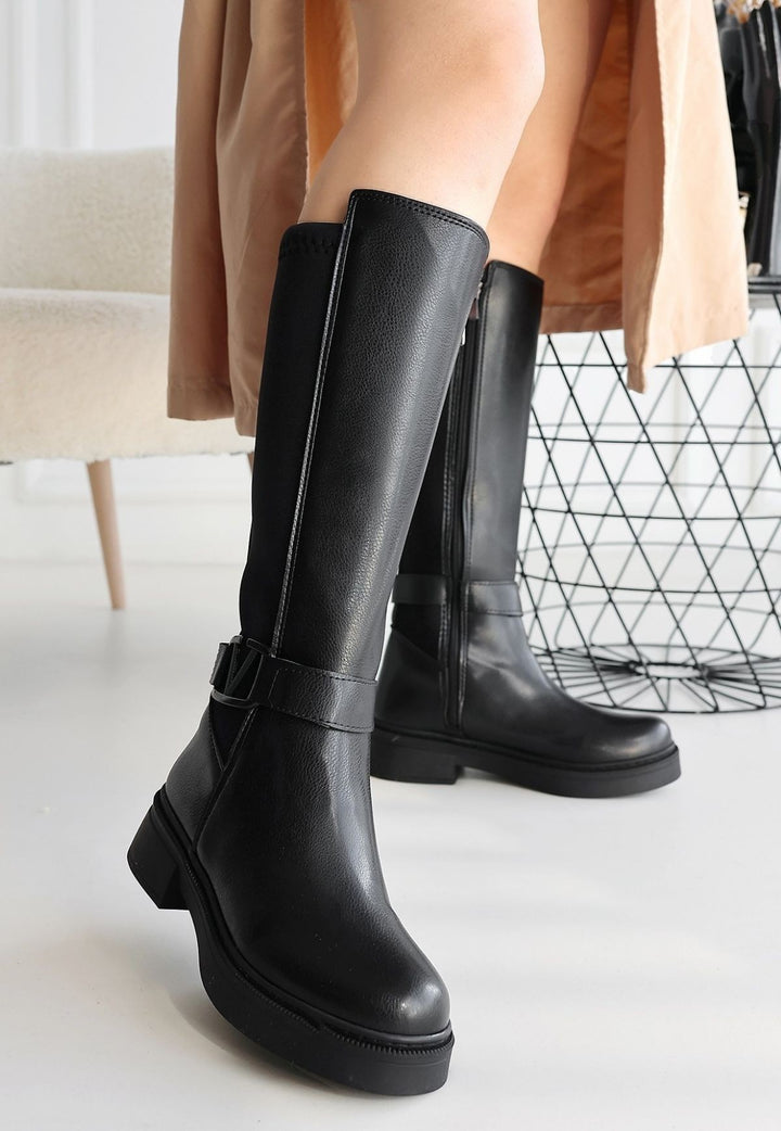 Diona Kadın Siyah Diz Altı Streç Detaylı Çizme