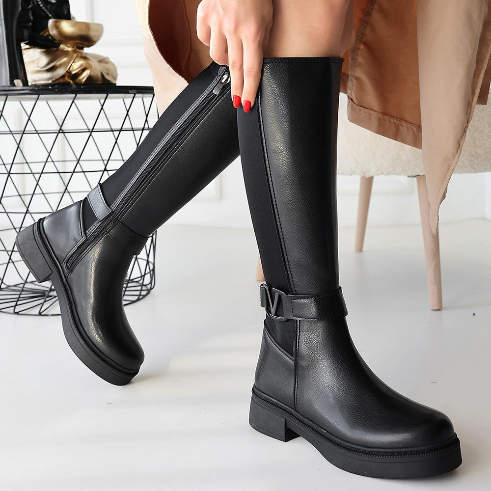 Diona Kadın Siyah Diz Altı Streç Detaylı Çizme