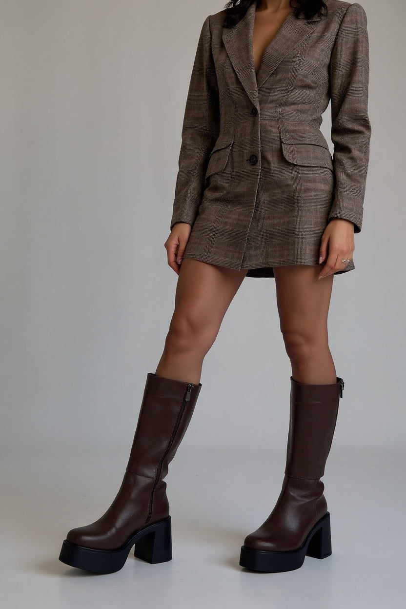 Dimsan Kadın Kahverengi Kalın Topuklu Diz Altı Çizme