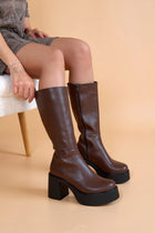 Dimsan Kadın Kahverengi Kalın Topuklu Diz Altı Çizme