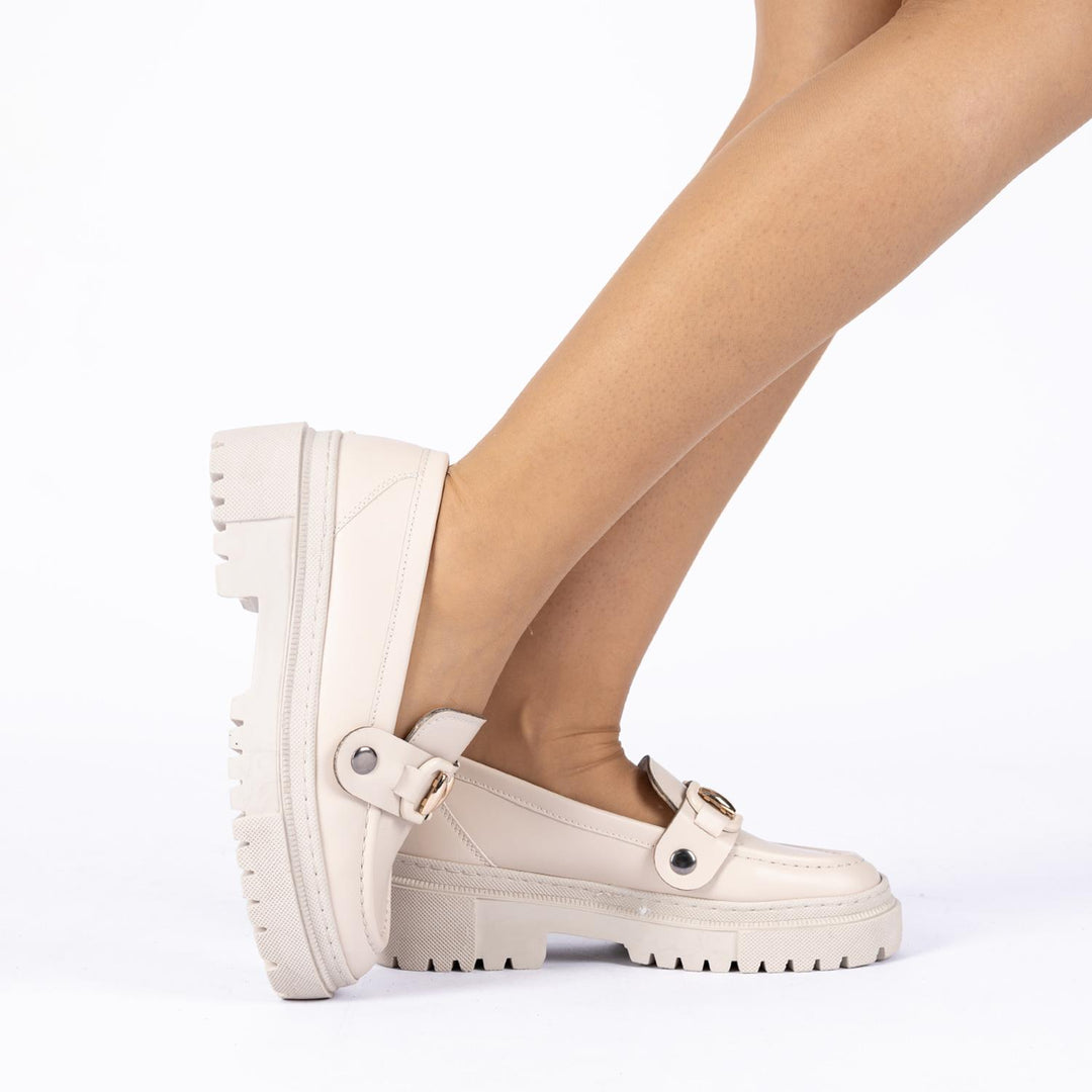 Edam Çift Tokalı Kadın Bej Loafer Ayakkabı