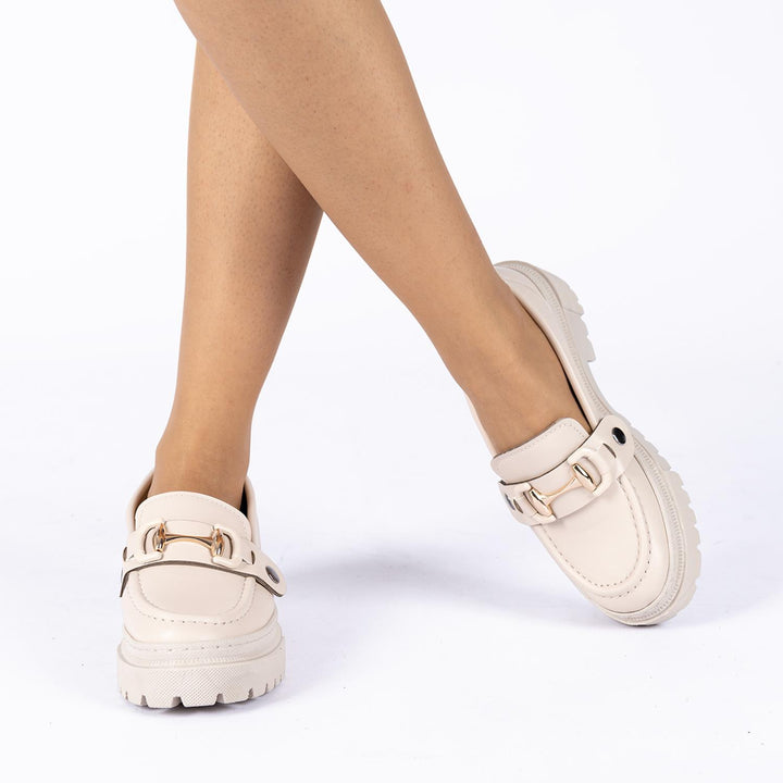 Edam Çift Tokalı Kadın Bej Loafer Ayakkabı
