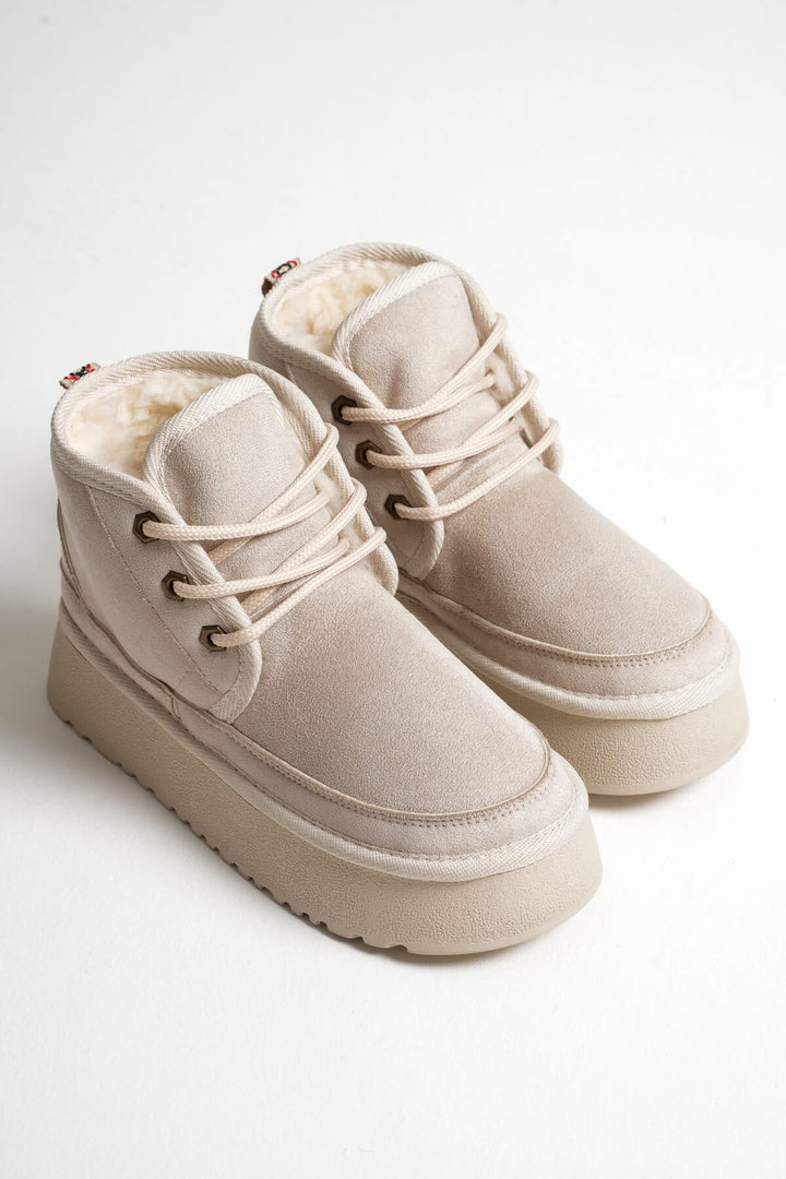 Elena Kadın Bej Kışlık İçi Kürklü Kalın Taban Bot
