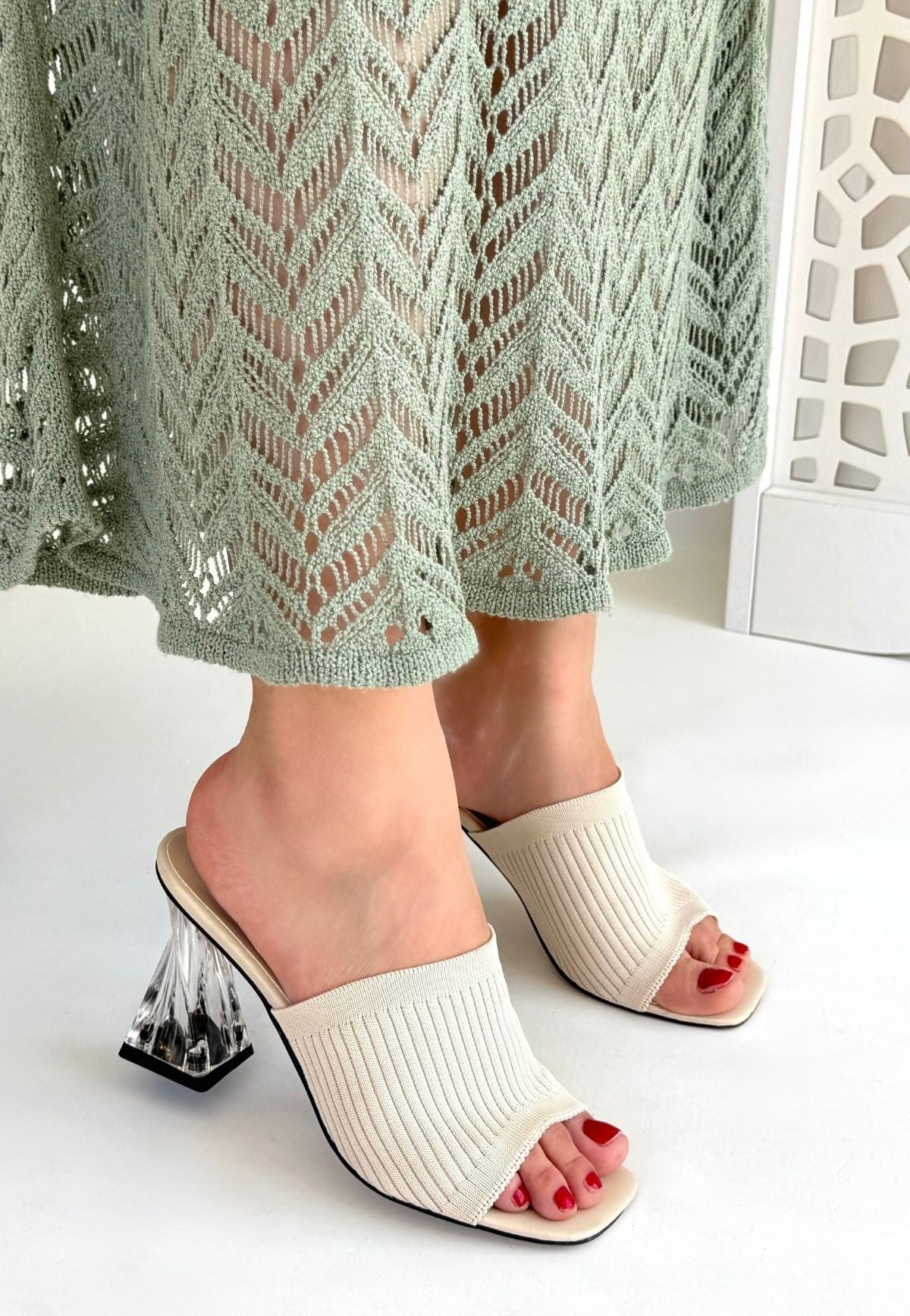 Evra Kadın Ten Triko Şeffaf Topuklu Terlik