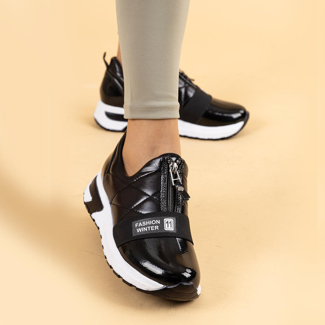 Fares Kadın Paraşüt Kumaş Kalın Tabanlı Rugan Siyah Günlük Ayakkabı