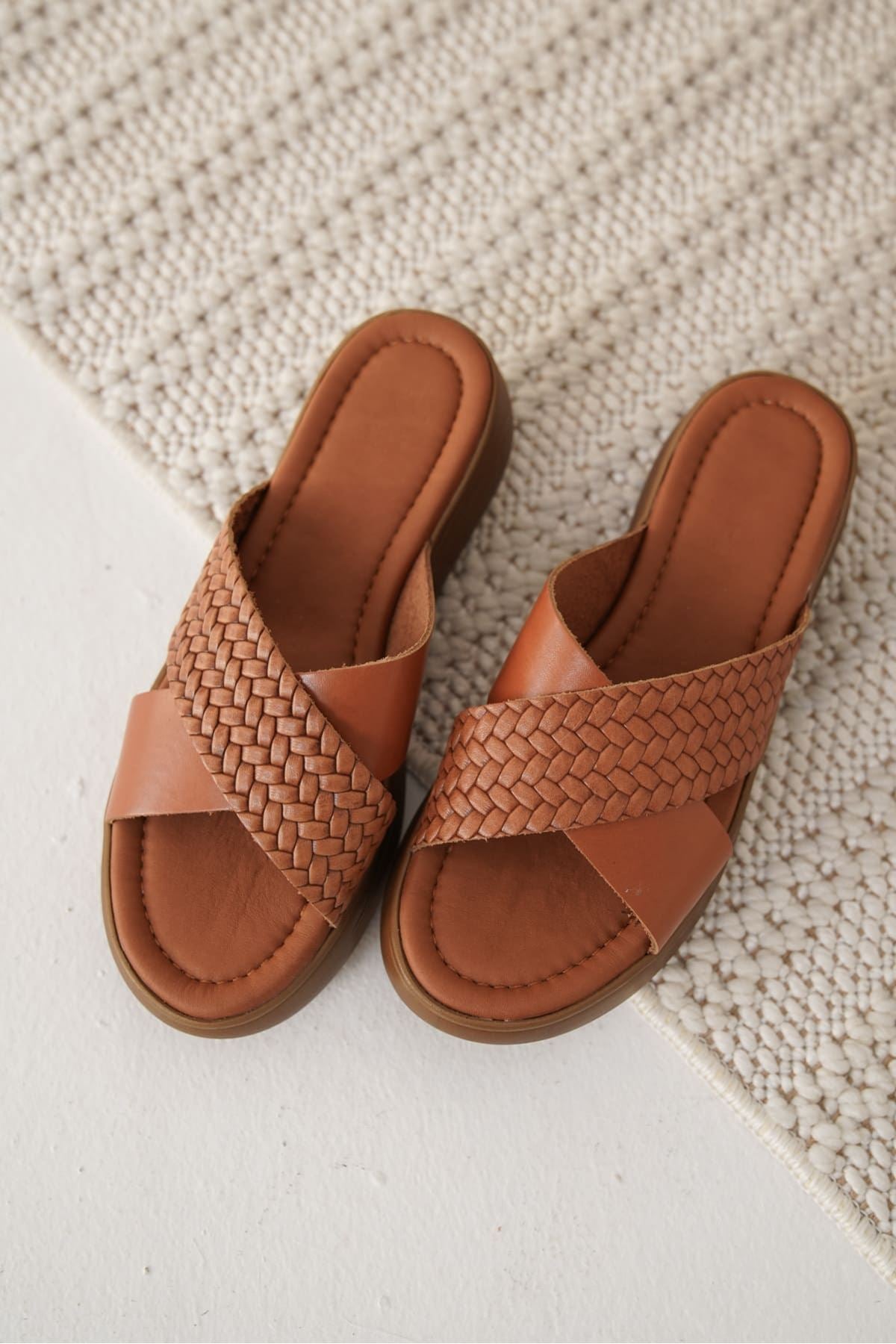 Fayn Kadın Örgü Desenli Hakiki Deri Taba Terlik