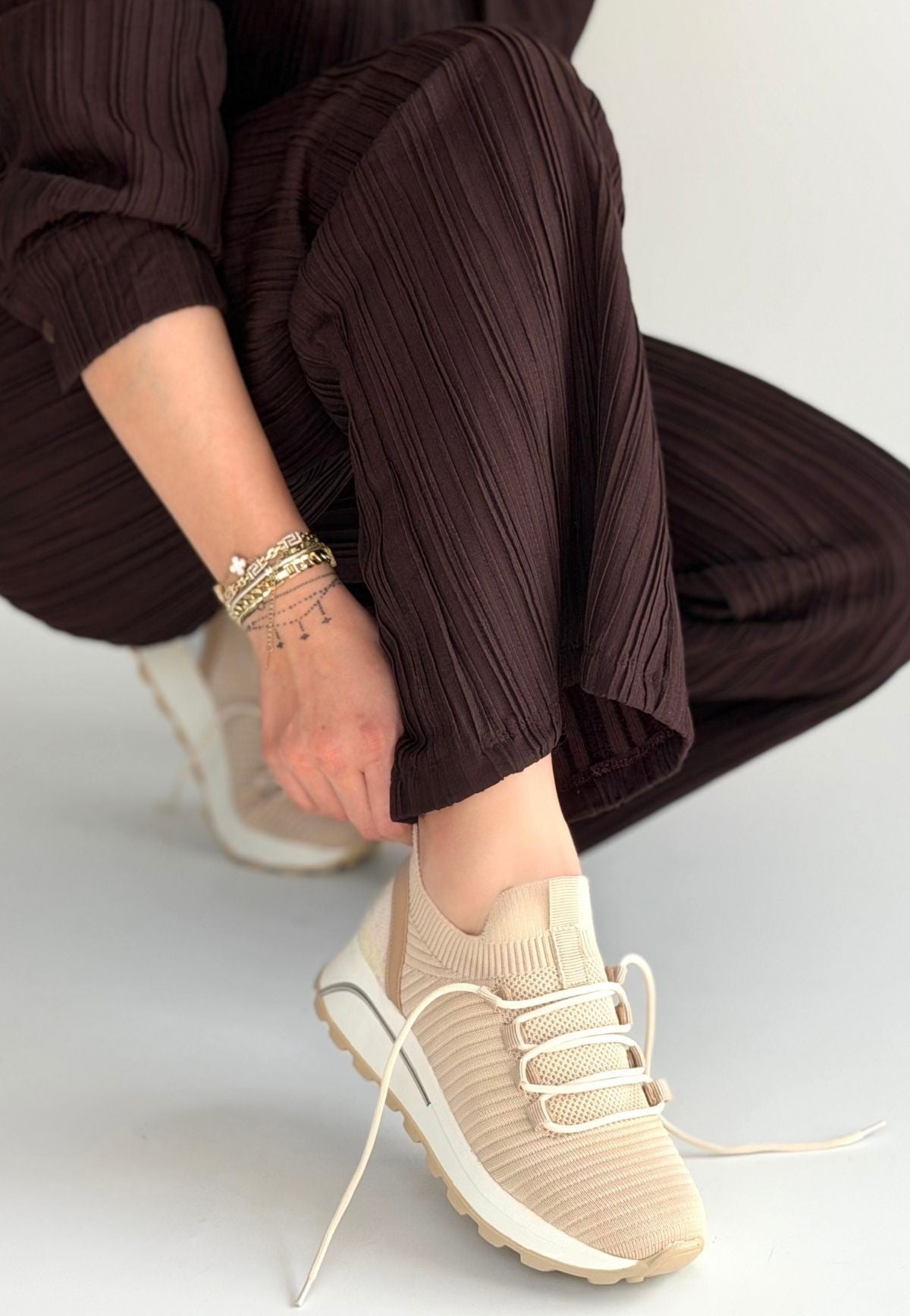 Feort Kadın Bej Triko Bağcıklı Spor Ayakkabı