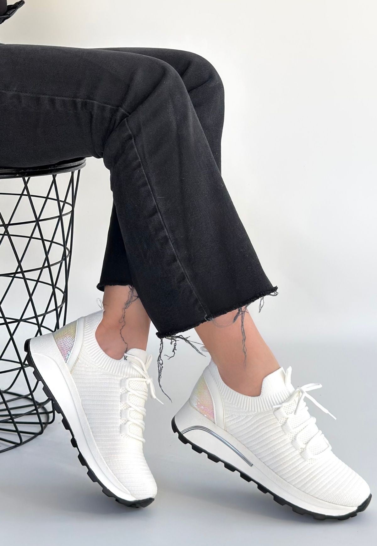 Feort Kadın Beyaz Triko Bağcıklı Spor Ayakkabı