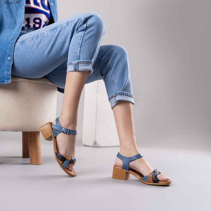 Folit Mavi Hakiki Deri Kadın Topuklu Sandalet