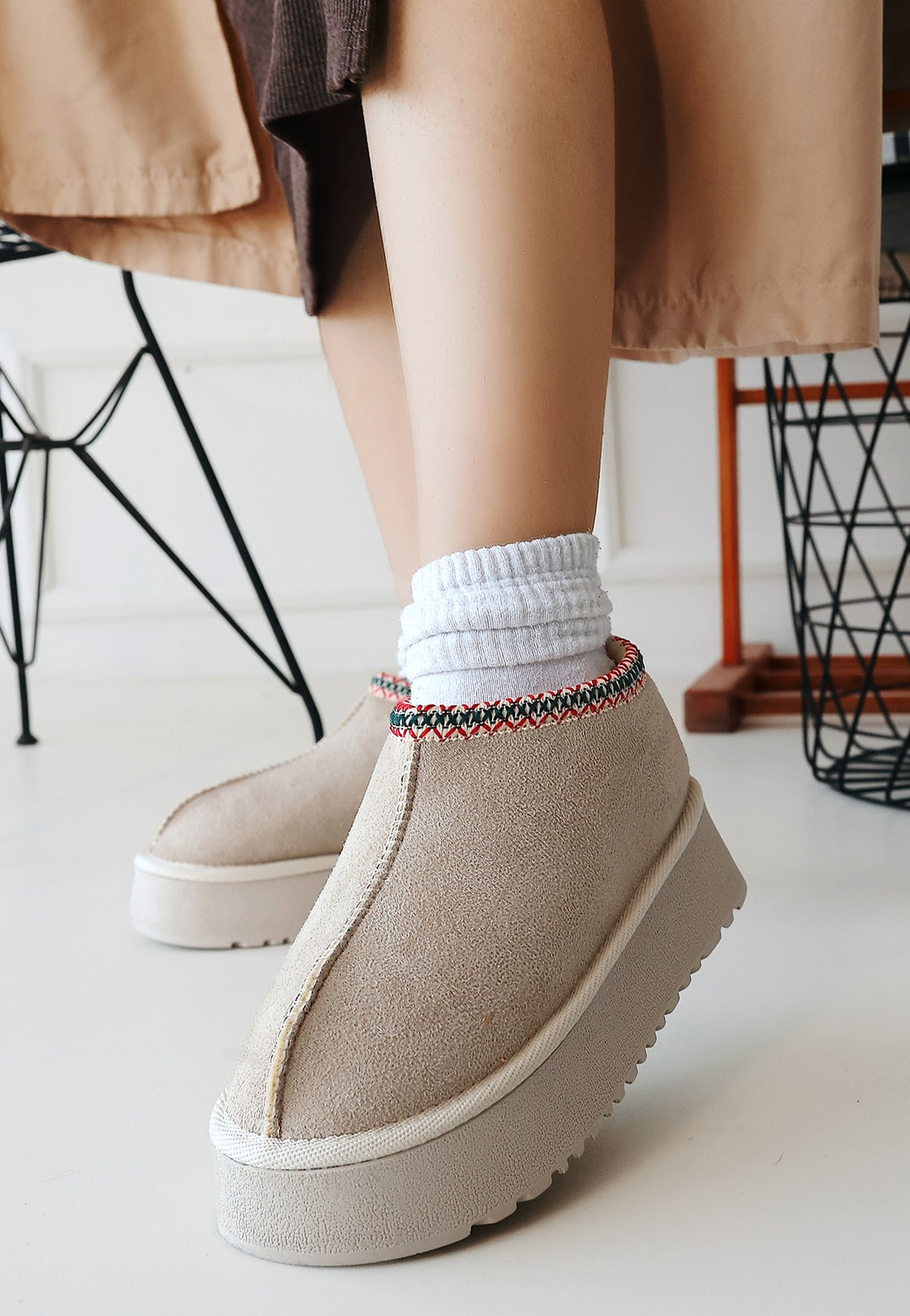 Foyk Kadın Bej İçi Kürklü Süet Bot