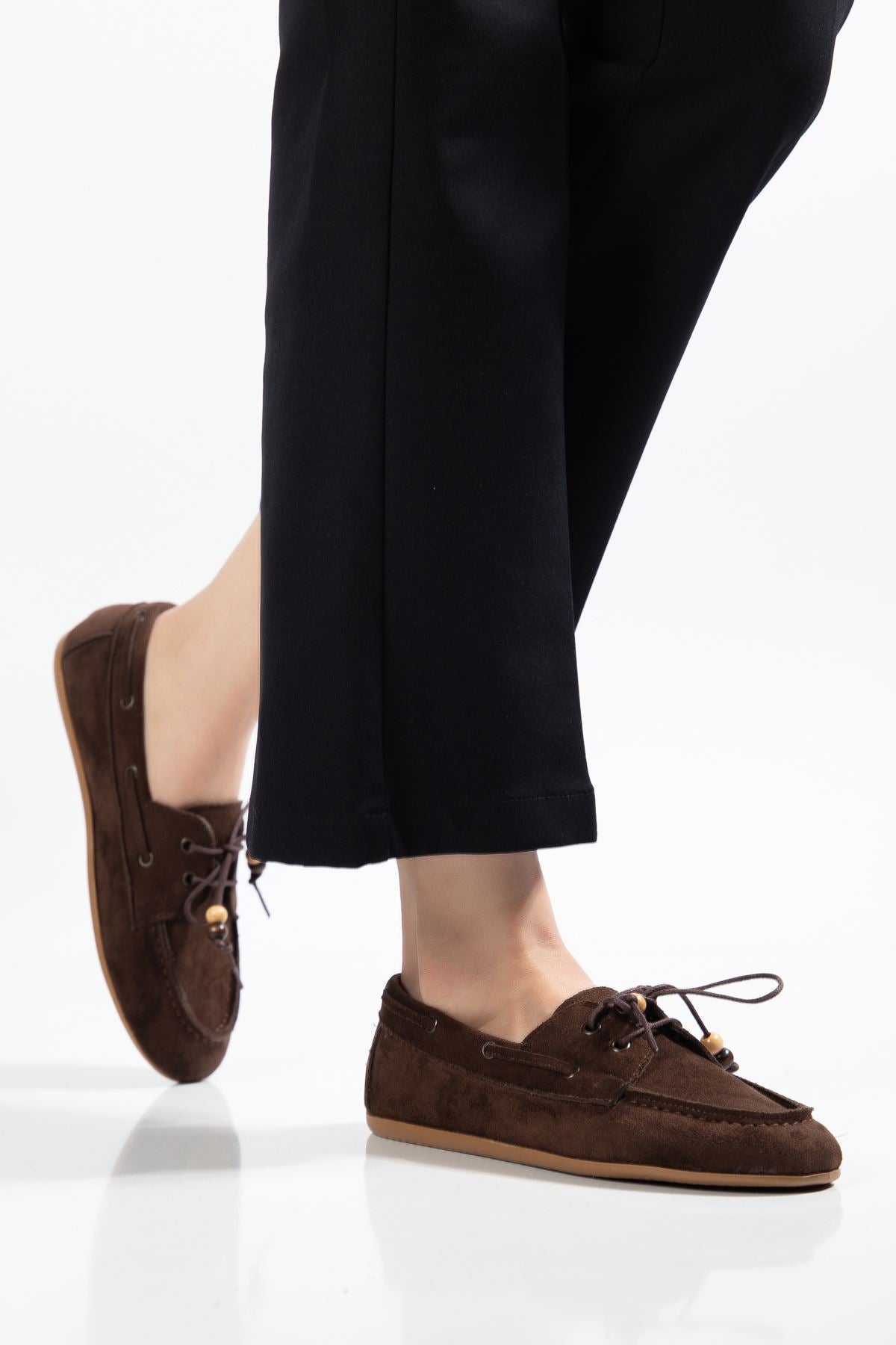 Torene Kadın Kahve Süet Boncuk İpli Loafer Ayakkabı