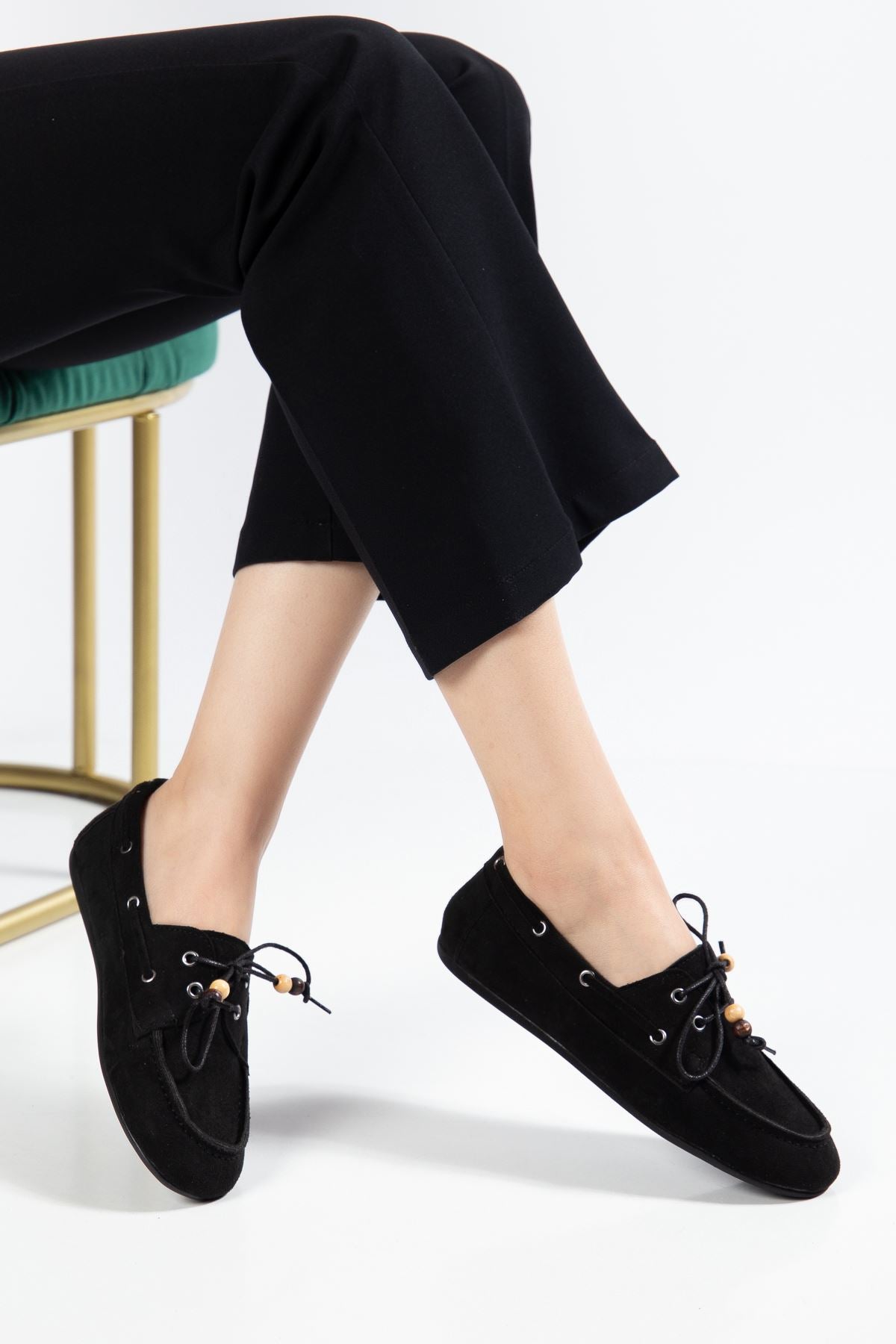 Torene Kadın Siyah Süet Boncuk İpli Loafer Ayakkabı