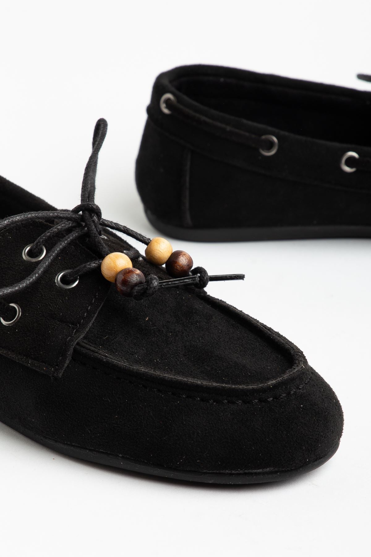 Torene Kadın Siyah Süet Boncuk İpli Loafer Ayakkabı