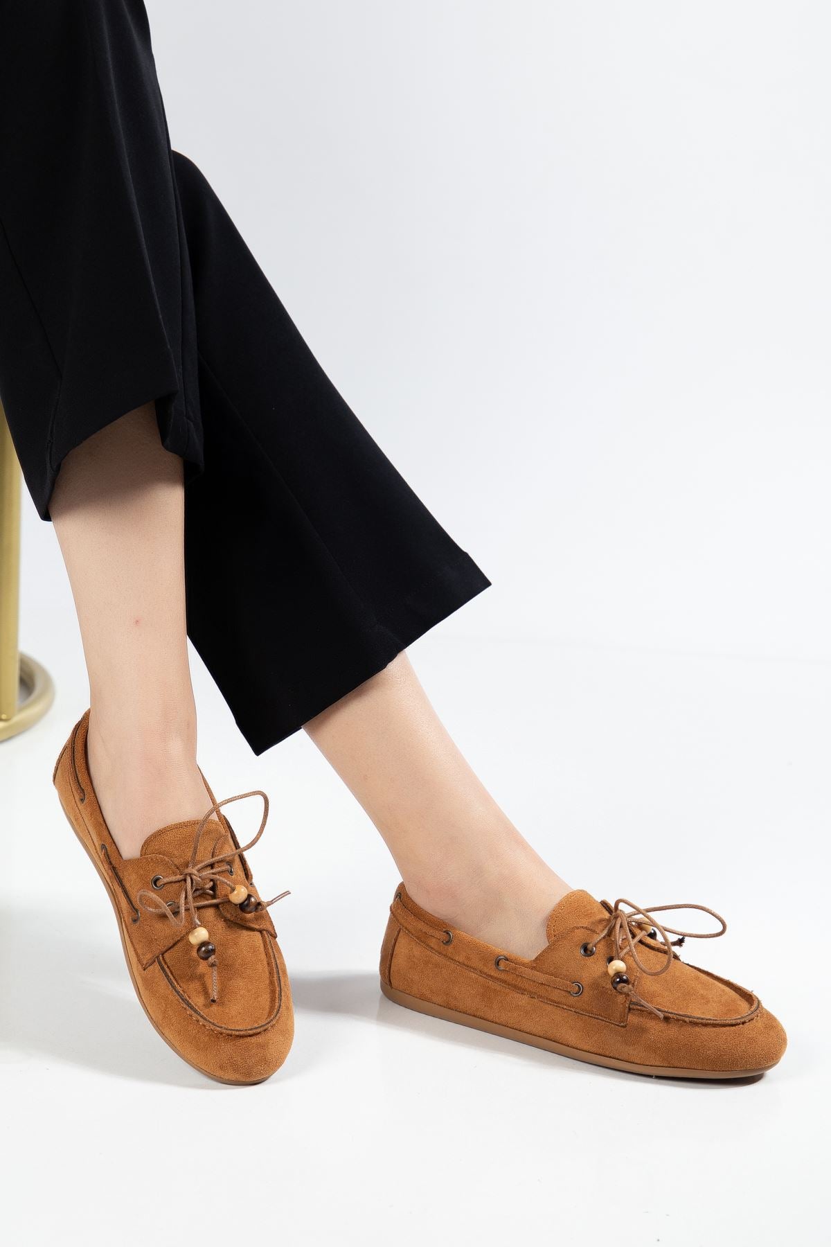 Torene Kadın Taba Süet Boncuk İpli Loafer Ayakkabı