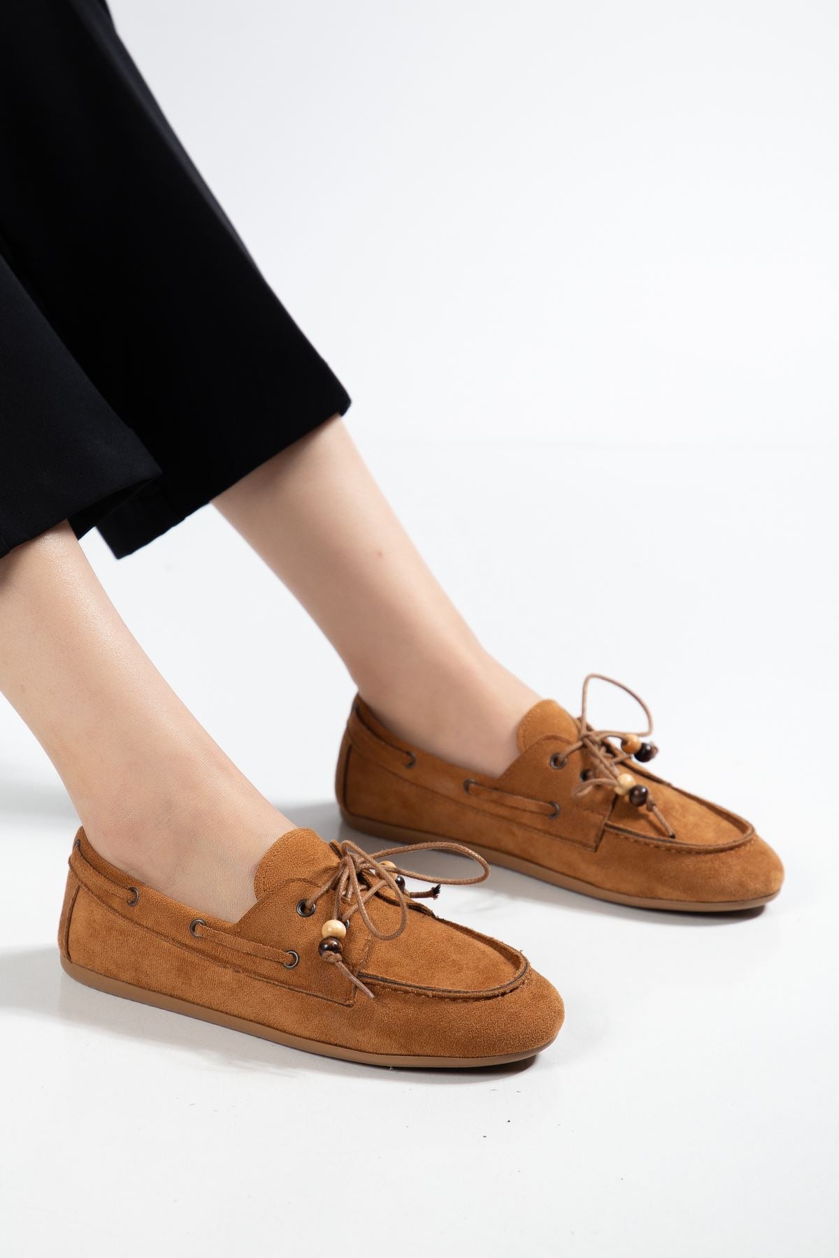 Torene Kadın Taba Süet Boncuk İpli Loafer Ayakkabı