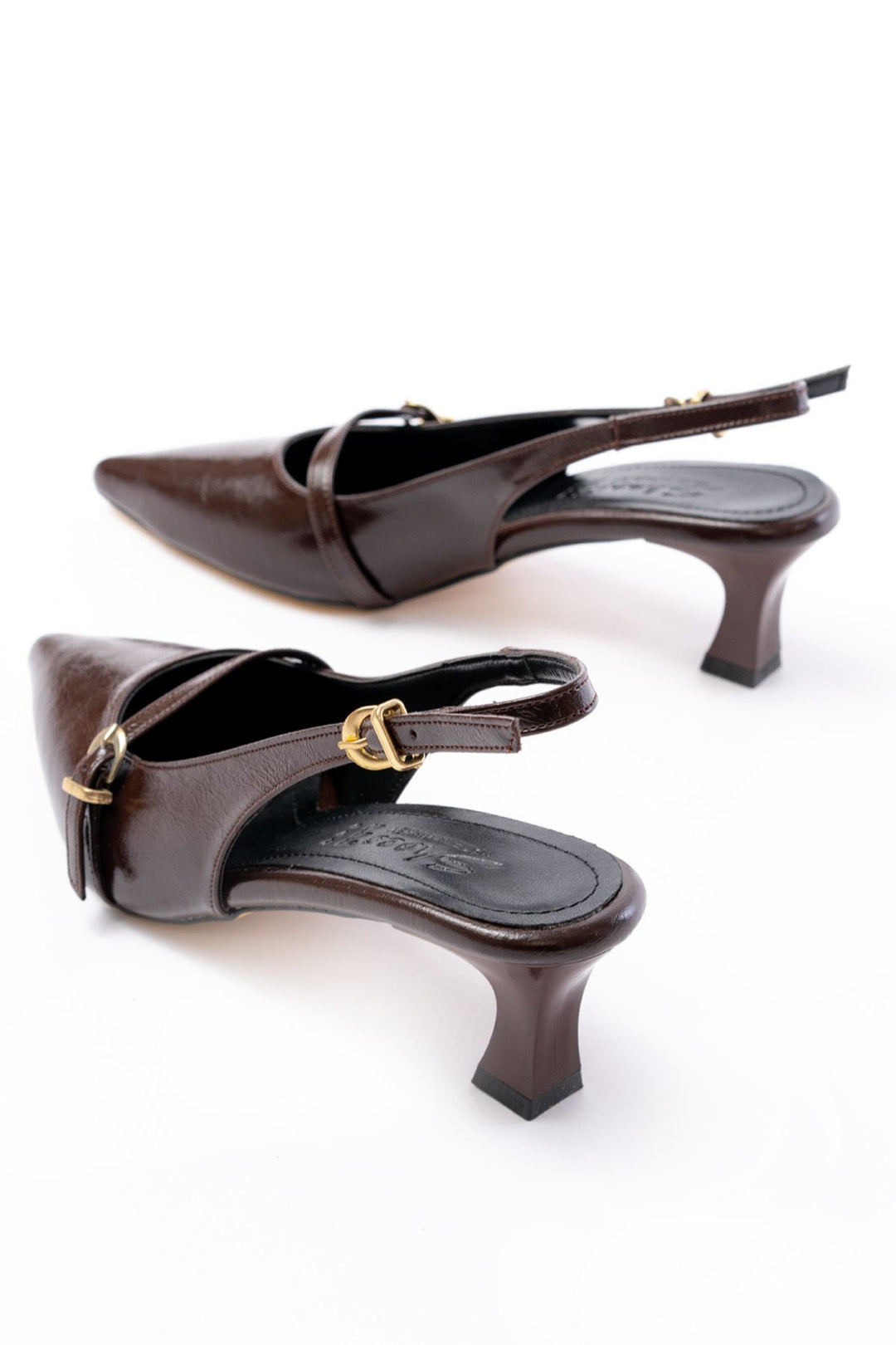 Myrebun Kahve Rugan Baret Tokalı Arkası Açık Kadın Topuklu Ayakkabı