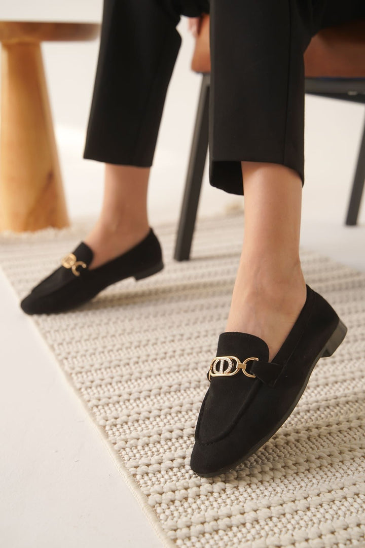 Hera Kadın Tokalı Siyah Süet Loafer Ayakkabı