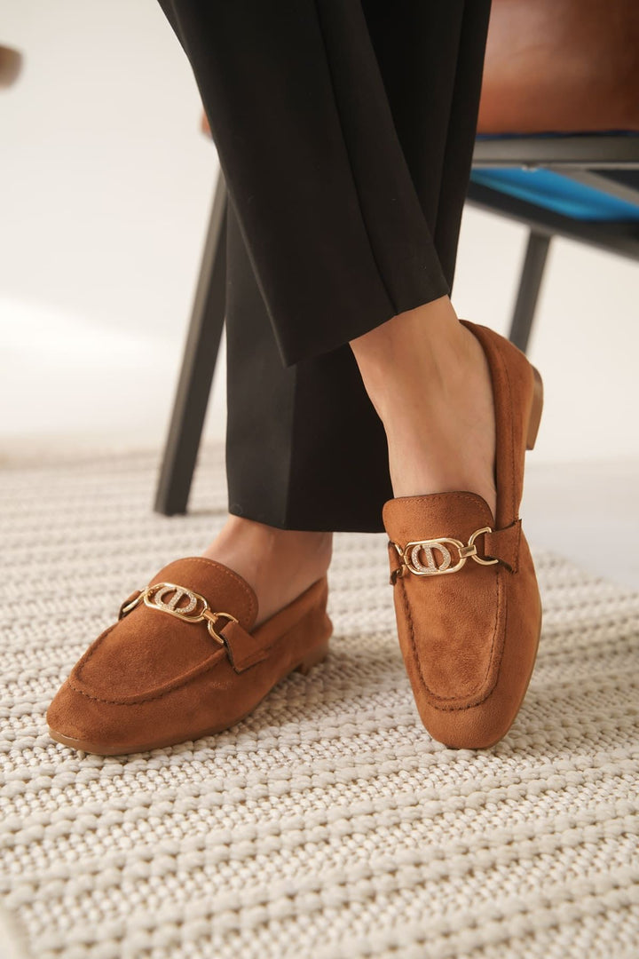 Hera Kadın Tokalı Taba Süet Loafer Ayakkabı
