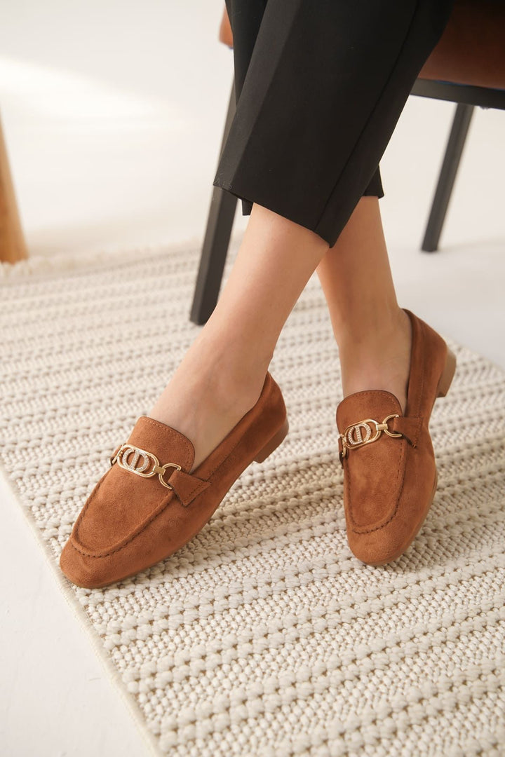 Hera Kadın Tokalı Taba Süet Loafer Ayakkabı