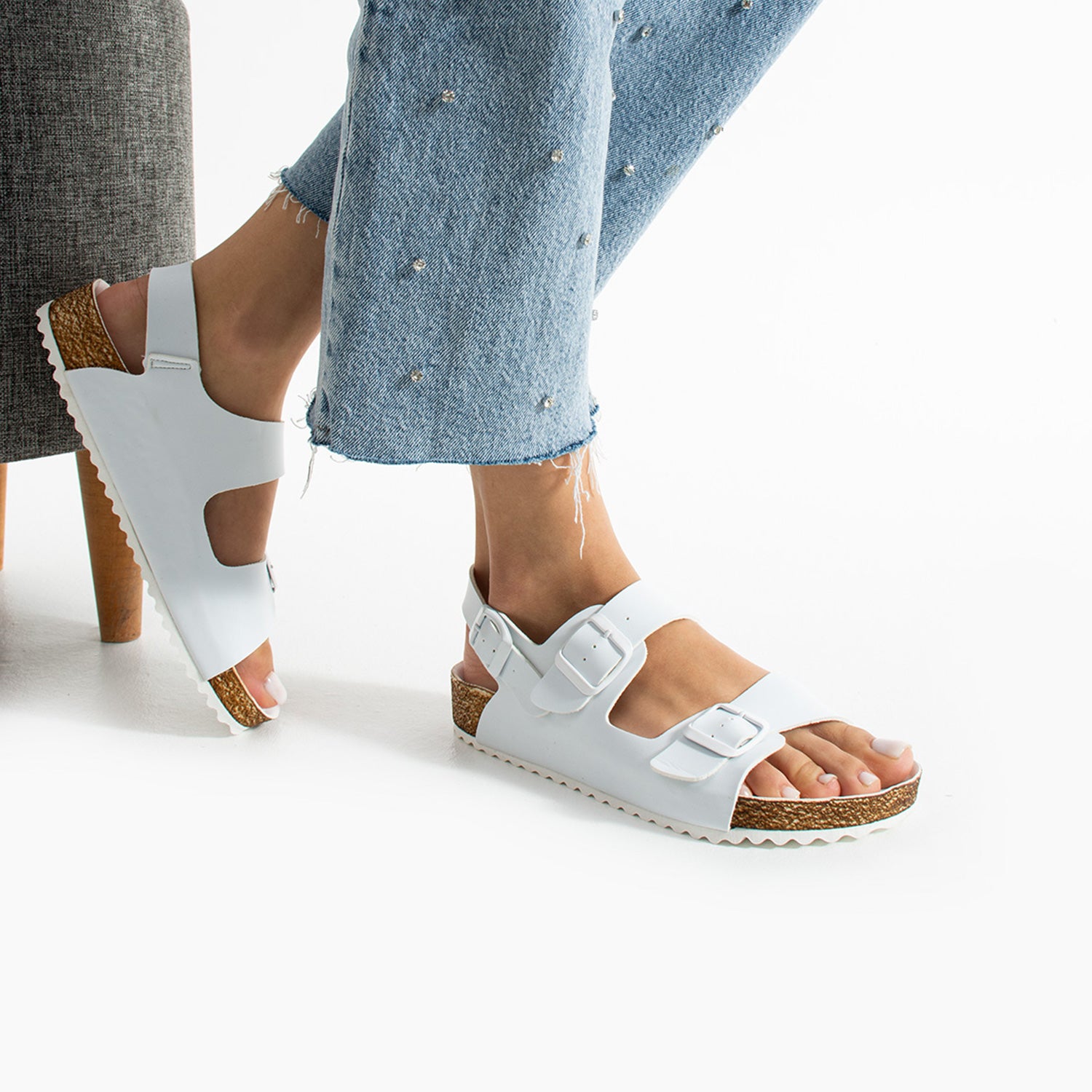 Holm Çift Tokalı Beyaz Camel Kadın Sandalet