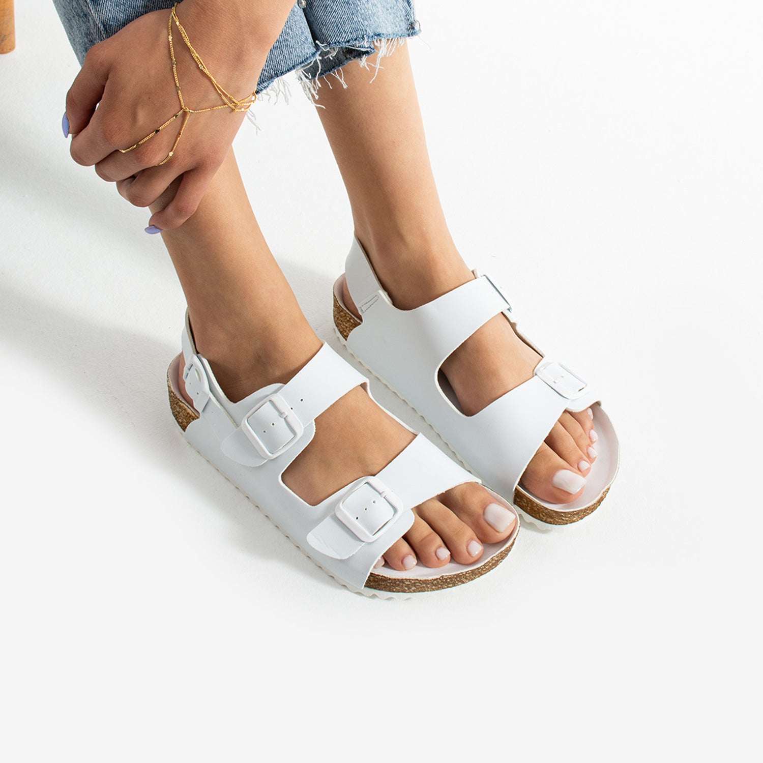 Holm Çift Tokalı Beyaz Camel Kadın Sandalet