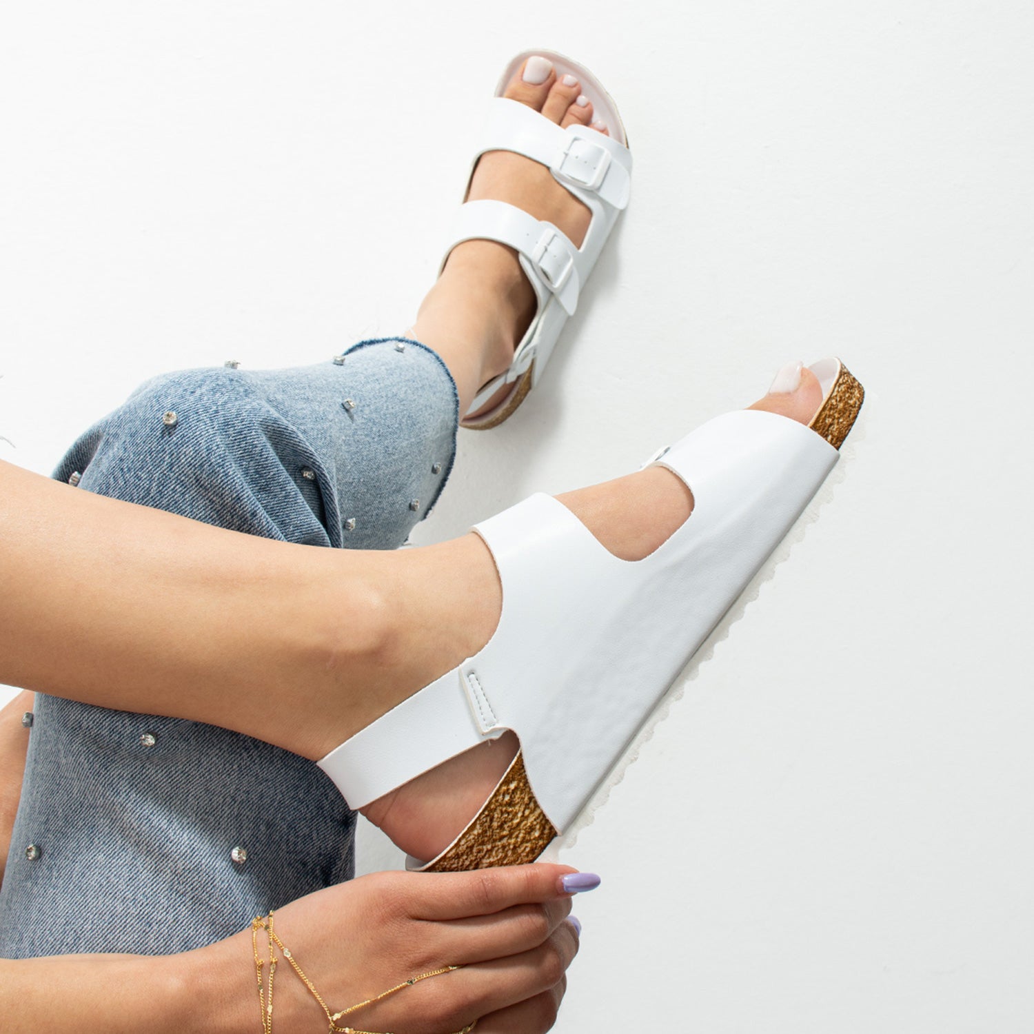 Holm Çift Tokalı Beyaz Camel Kadın Sandalet