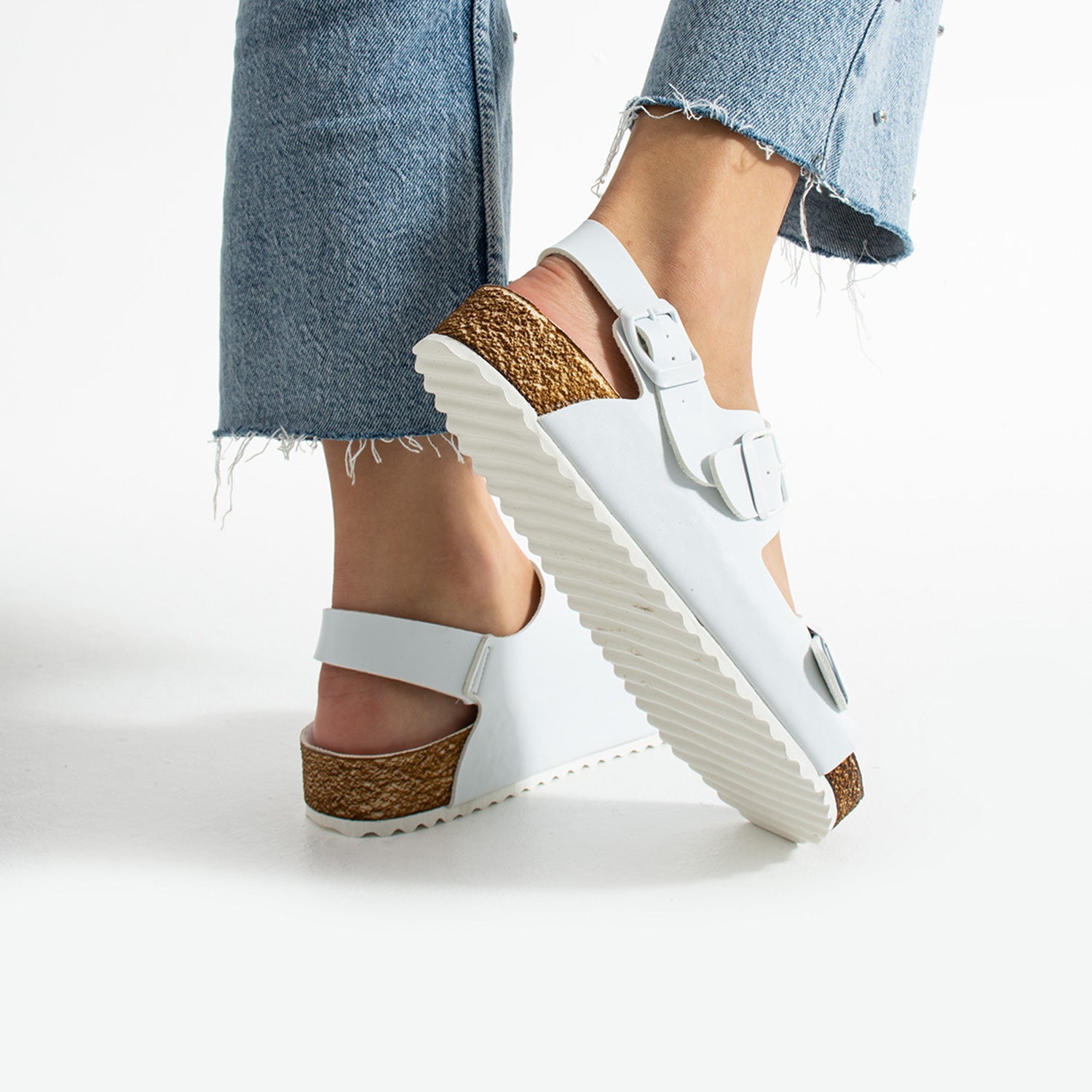 Holm Çift Tokalı Beyaz Camel Kadın Sandalet