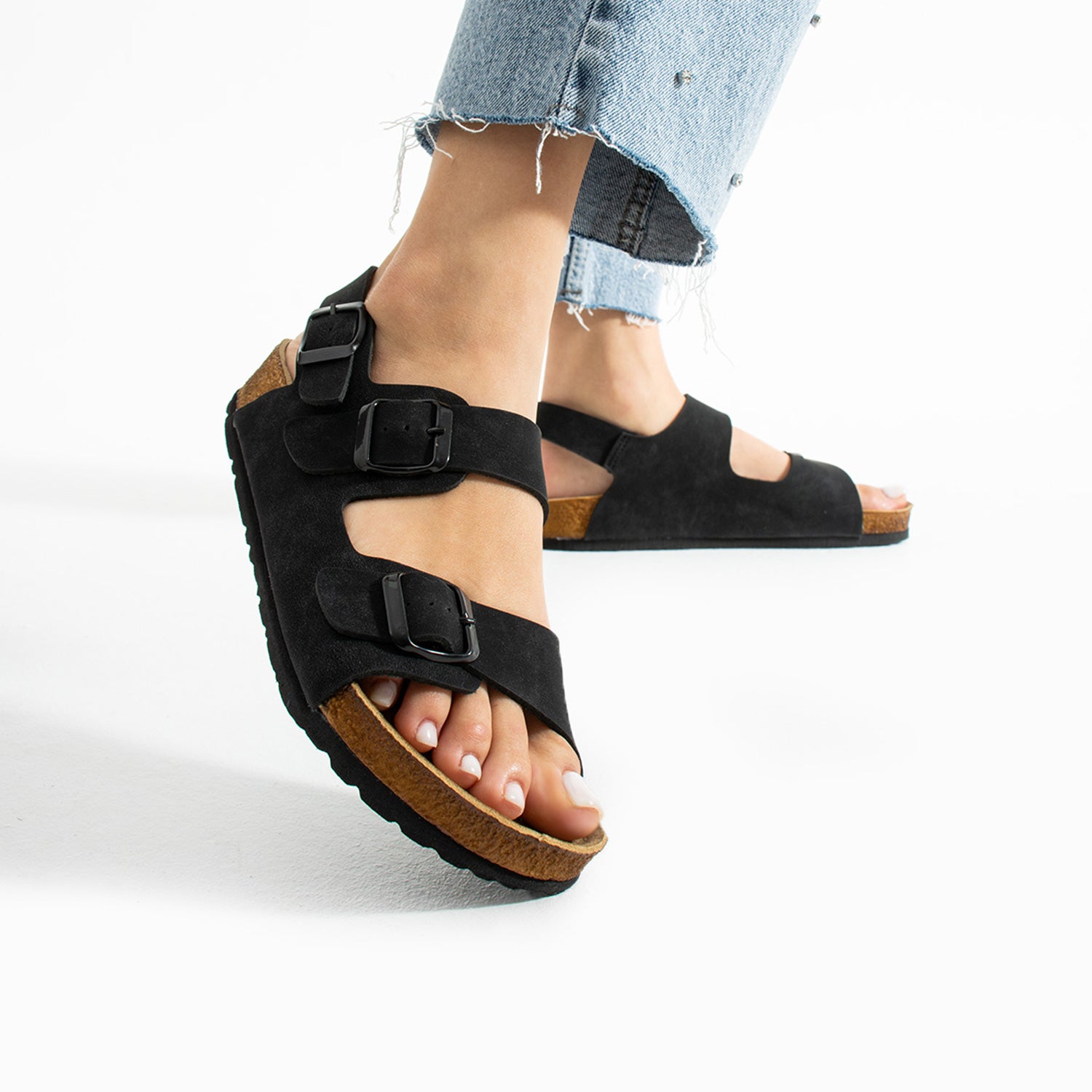 Holm Çift Tokalı Siyah Camel Kadın Sandalet