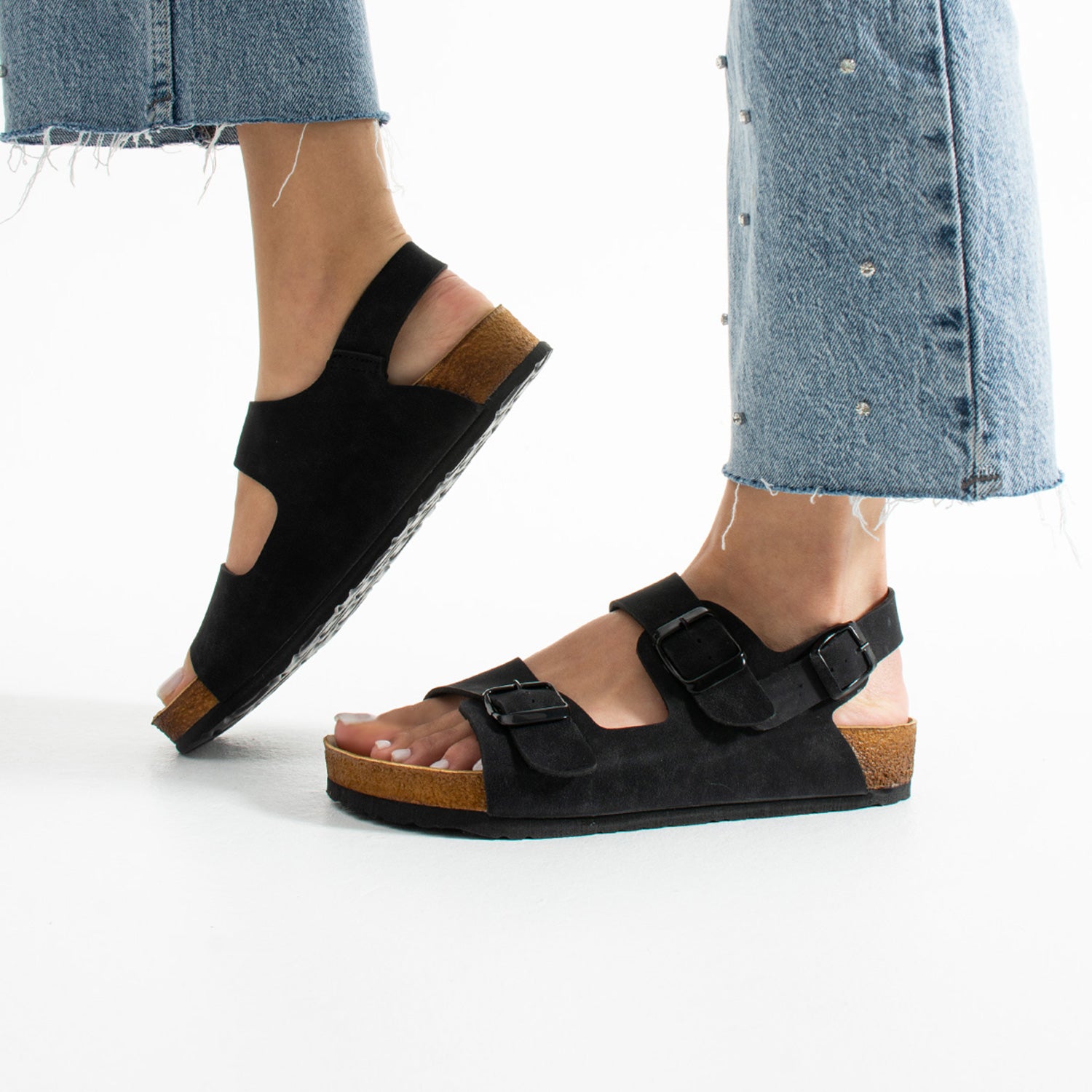 Holm Çift Tokalı Siyah Camel Kadın Sandalet