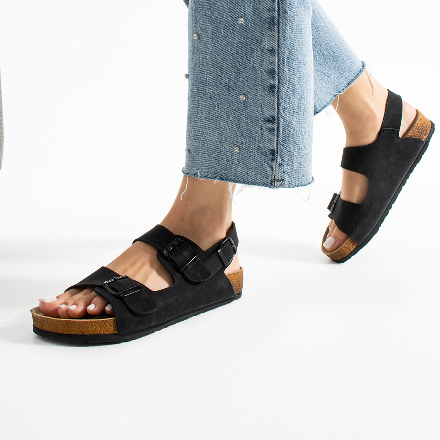 Holm Çift Tokalı Siyah Camel Kadın Sandalet