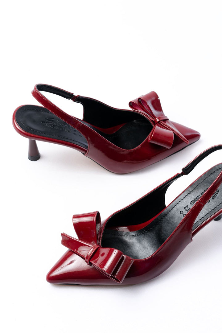 Mierun Bordo Rugan Arkası Açık Fiyonklu Topuklu Ayakkabı