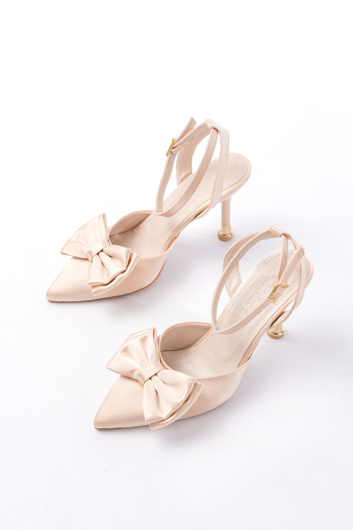 Purlene Bej Saten Kurdele Detaylı İnce Kadın Topuklu Ayakkabı