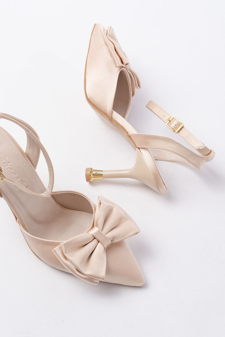 Purlene Bej Saten Kurdele Detaylı İnce Kadın Topuklu Ayakkabı