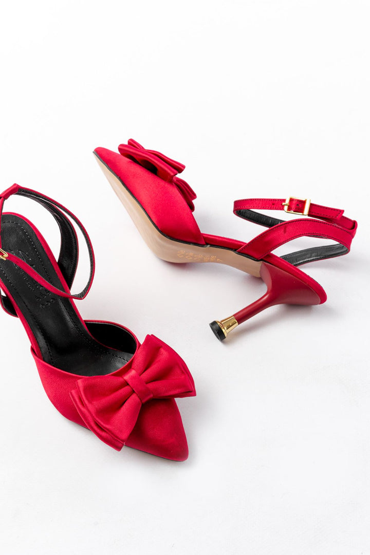 Purlene Bordo Saten Kurdele Detaylı İnce Kadın Topuklu Ayakkabı