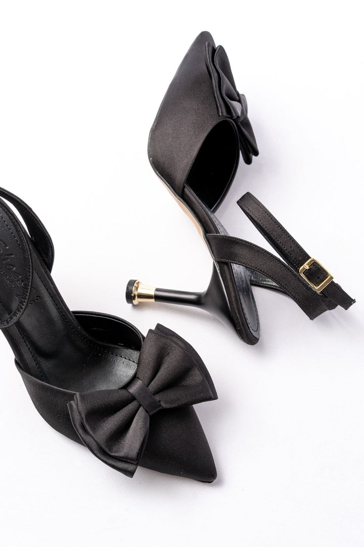 Purlene Siyah Saten Kurdele Detaylı İnce Kadın Topuklu Ayakkabı