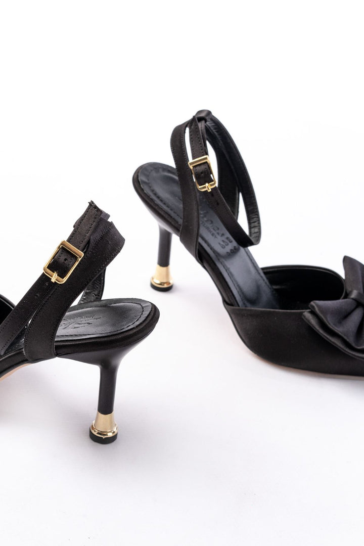 Purlene Siyah Saten Kurdele Detaylı İnce Kadın Topuklu Ayakkabı