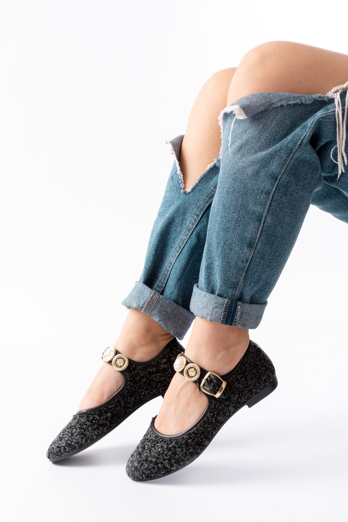 Gleras Siyah Havlu Desenli Baret Tokalı Günlük Babet Ayakkabı