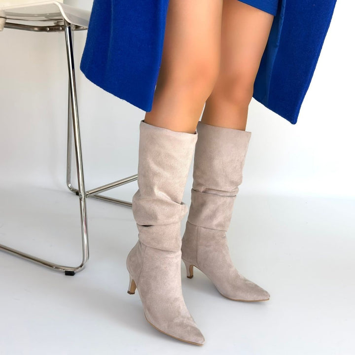 İwon Kadın Bej Süet Körüklü Topuklu Çizme