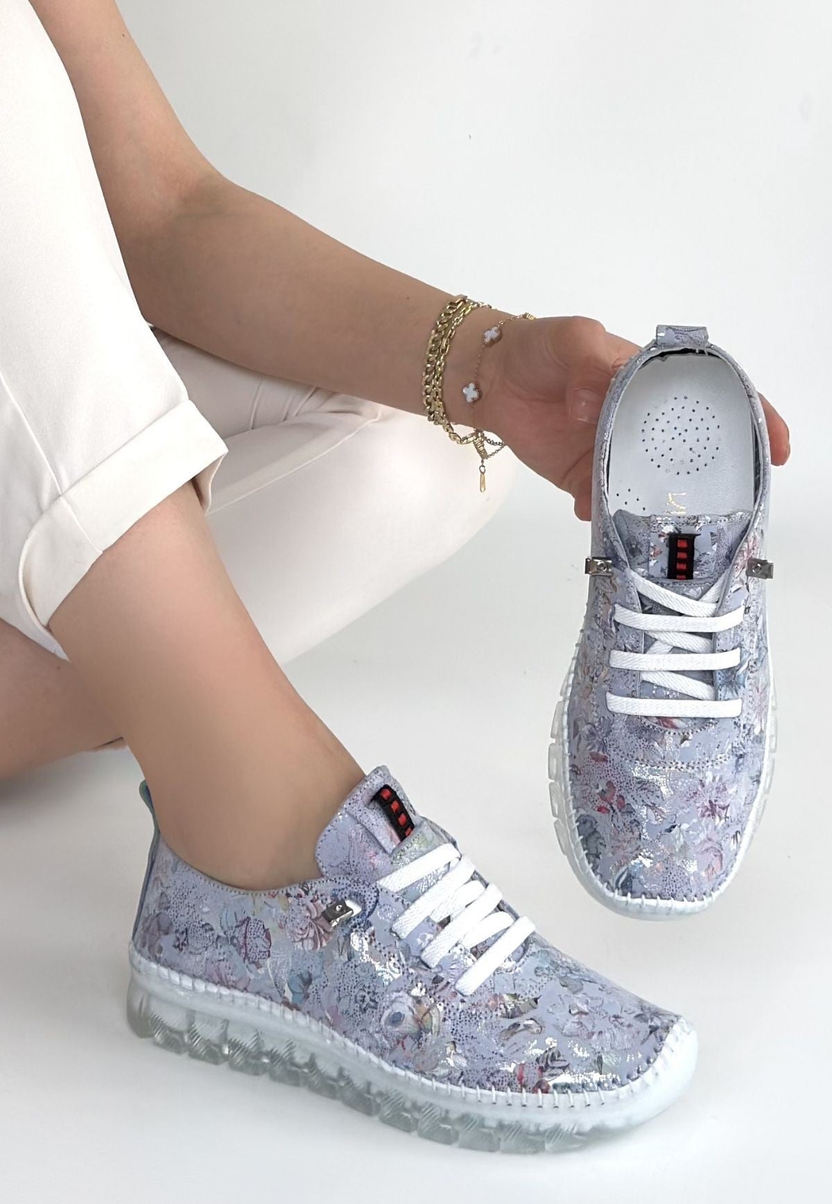 Jiten Kadın Lila Desenli Hakiki Deri Bağcıklı Spor Ayakkabı