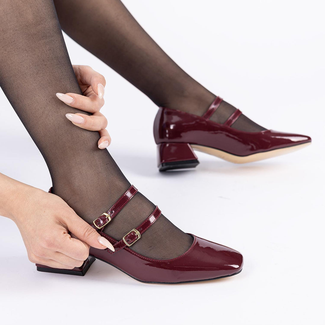 Josef Kadın Küt Burun Bordo Rugan Kısa Topuklu Ayakkabı
