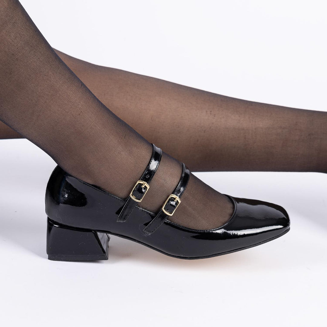 Josef Kadın Küt Burun Siyah Rugan Kısa Topuklu Ayakkabı
