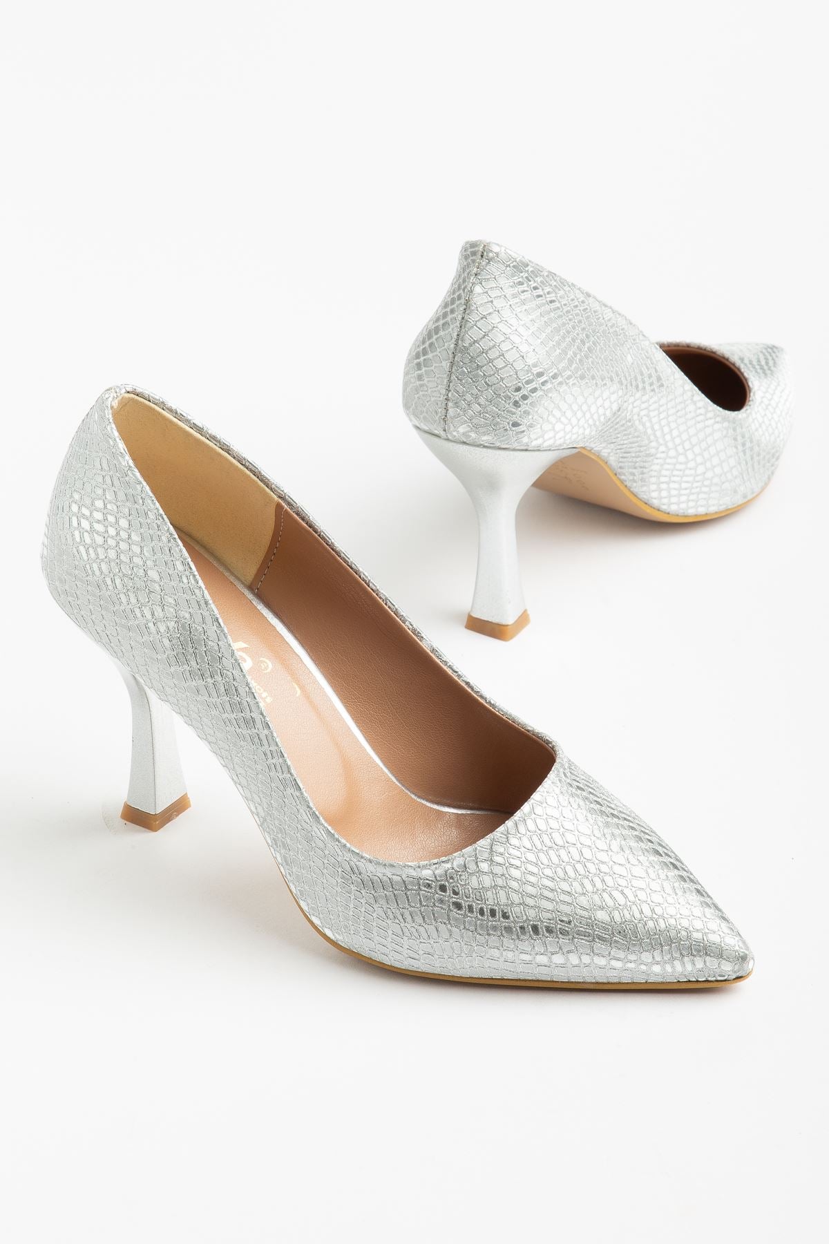 Aseng Gümüş Pul Desenli Kadın Topuklu Stiletto Ayakkabı