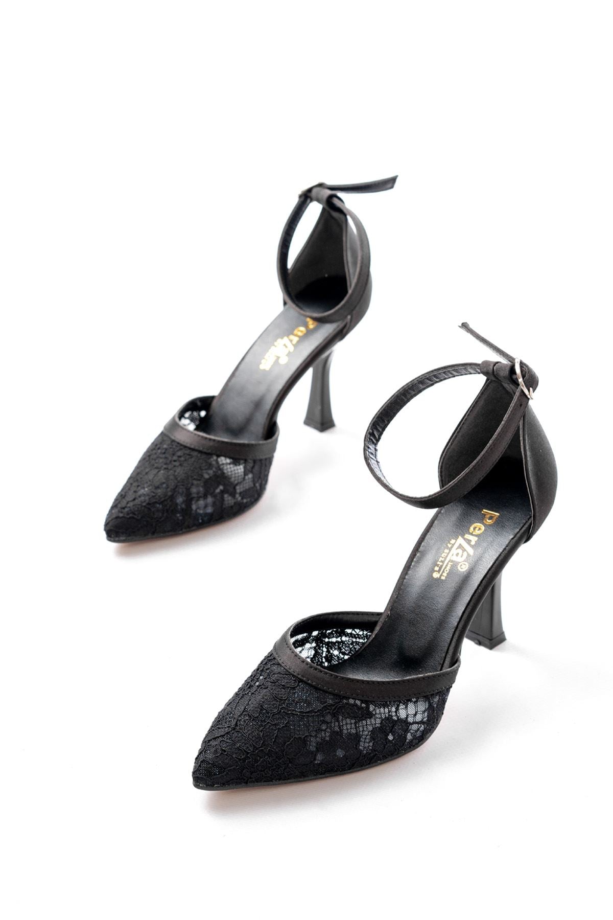 Meroje Siyah Fileli Çiçek Detaylı Kadın Abiye Topuklu Ayakkabı