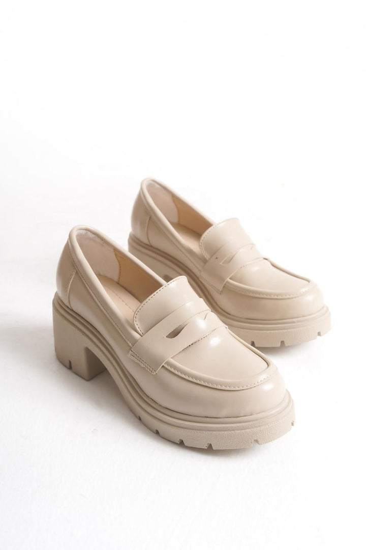 Bannes Kadın Bej Kırışık Rugan Yüksek Tabanlı Loafer Ayakkabı