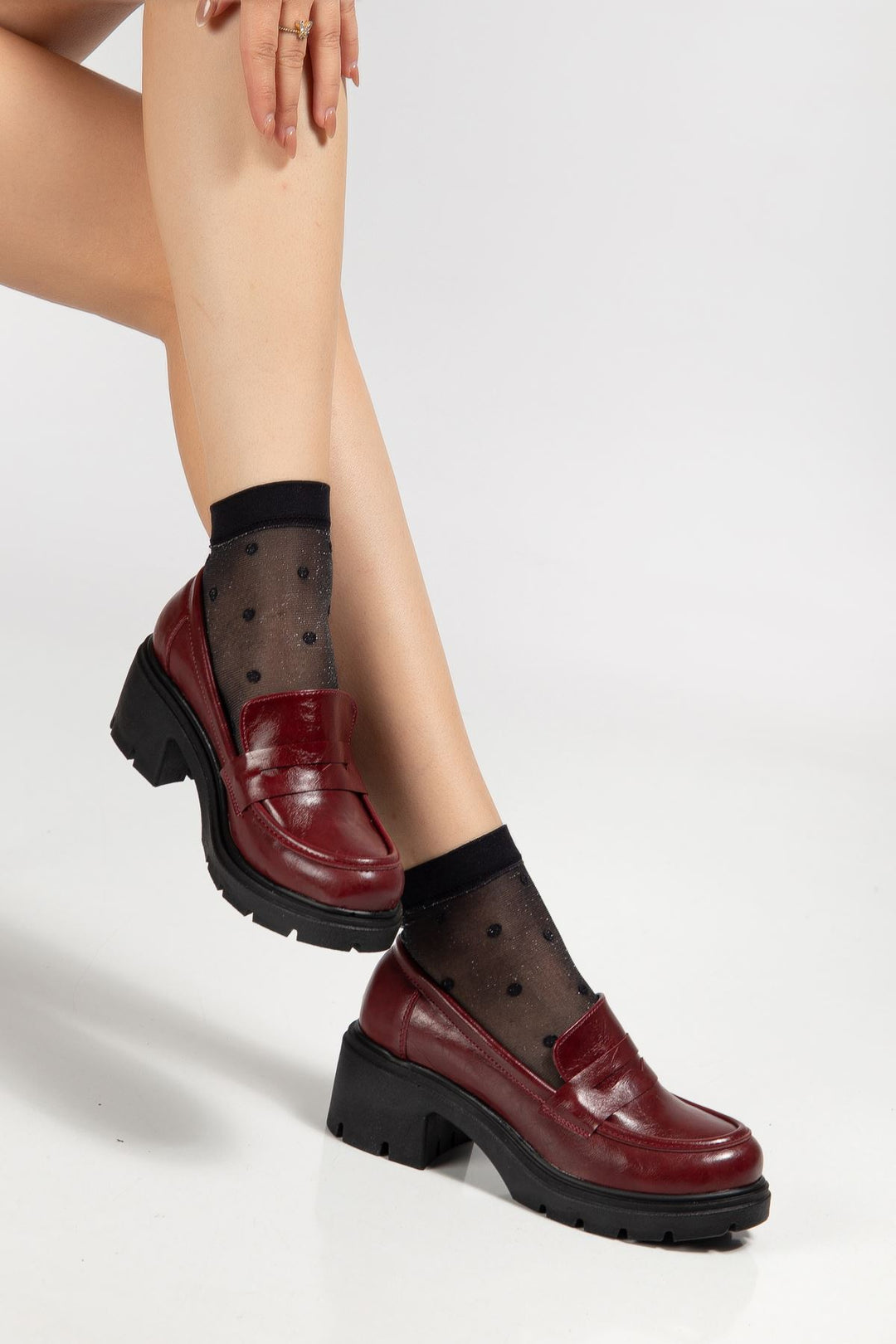 Bannes Kadın Bordo Kırışık Rugan Yüksek Tabanlı Loafer Ayakkabı