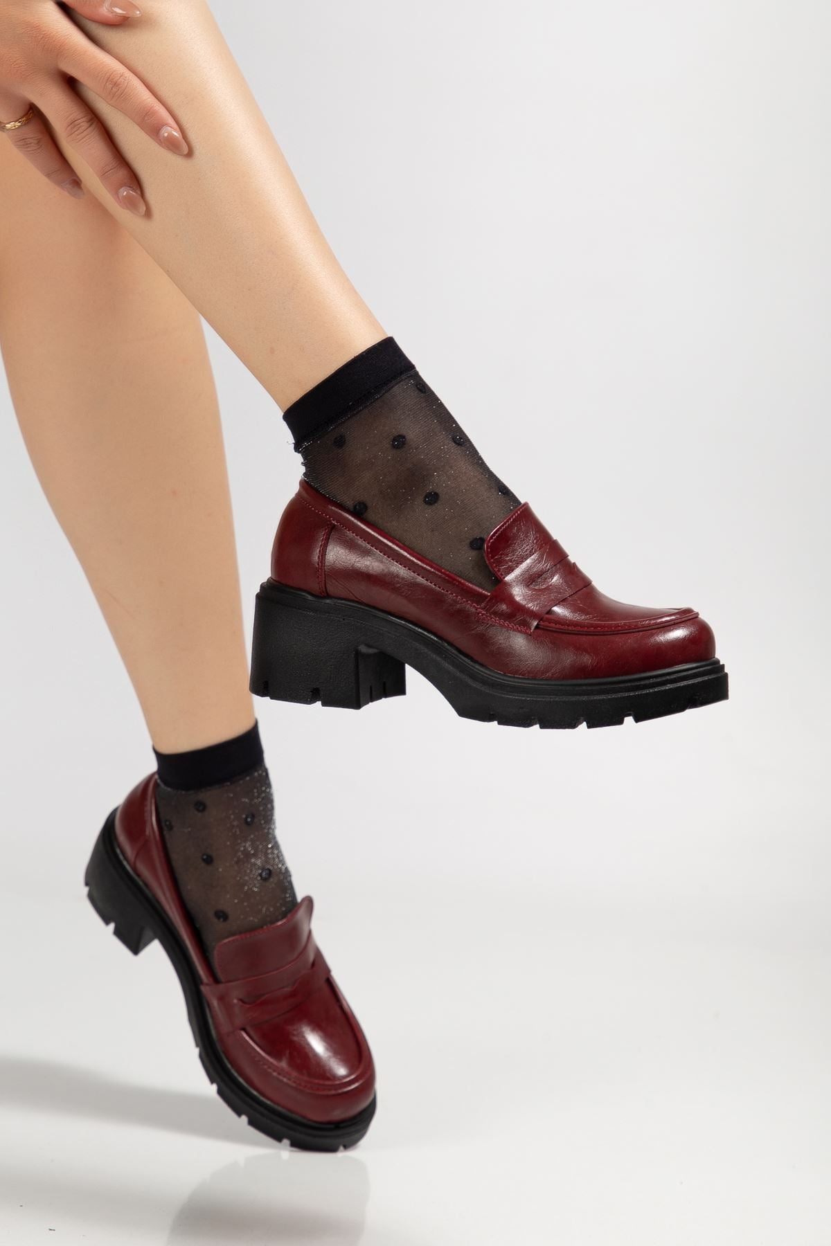 Bannes Kadın Bordo Kırışık Rugan Yüksek Tabanlı Loafer Ayakkabı