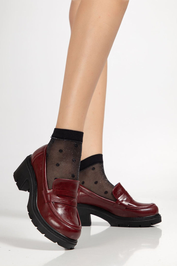 Bannes Kadın Bordo Kırışık Rugan Yüksek Tabanlı Loafer Ayakkabı