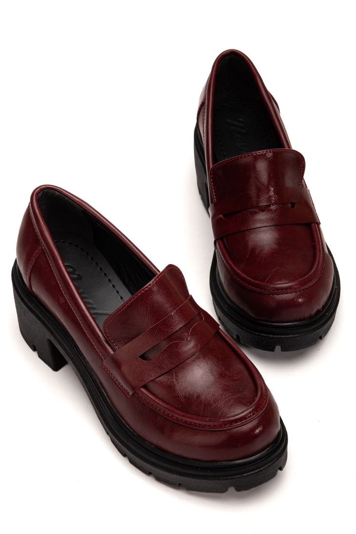 Bannes Kadın Bordo Kırışık Rugan Yüksek Tabanlı Loafer Ayakkabı