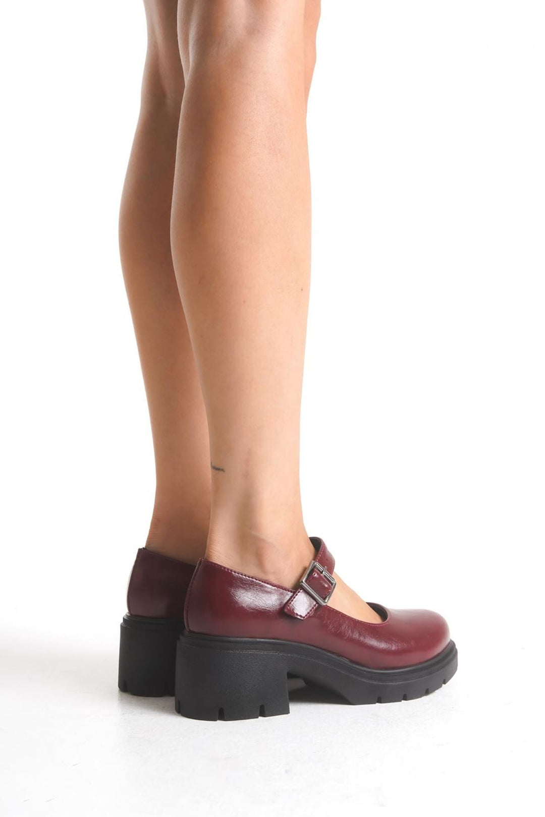 Defsin Bordo Kırışık Rugan Tokalı Yüksek Tabanlı Loafer Ayakkabı