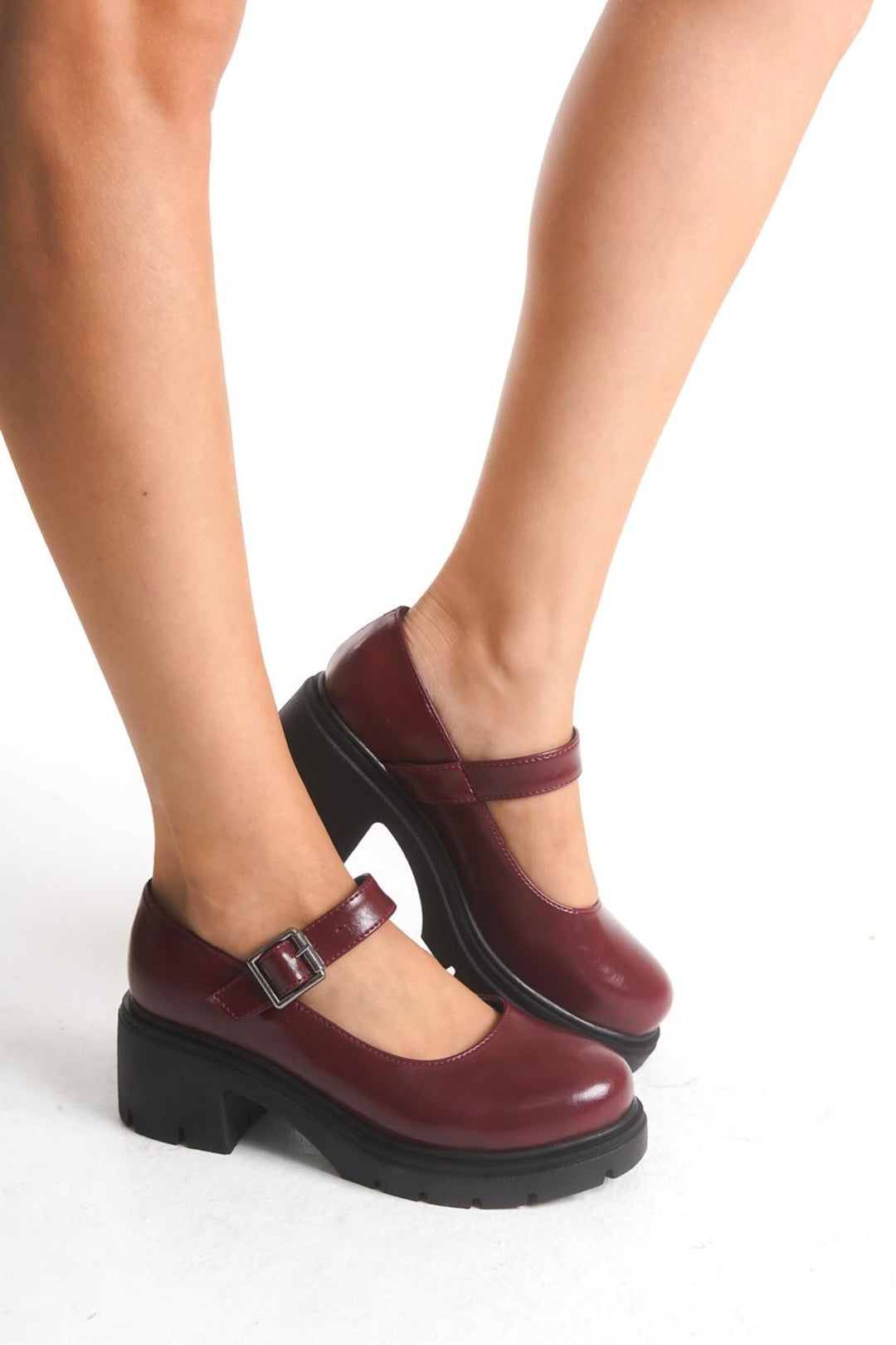 Defsin Bordo Kırışık Rugan Tokalı Yüksek Tabanlı Loafer Ayakkabı